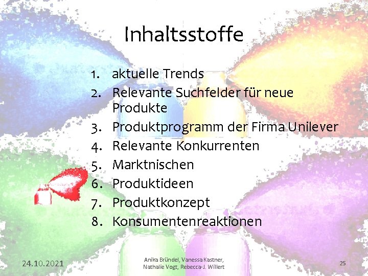 Inhaltsstoffe 1. aktuelle Trends 2. Relevante Suchfelder für neue Produkte 3. Produktprogramm der Firma