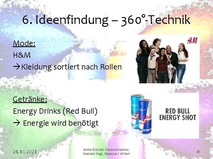 6. Ideenfindung – 360°-Technik Mode: H&M Kleidung sortiert nach Rollen Getränke: Energy Drinks (Red