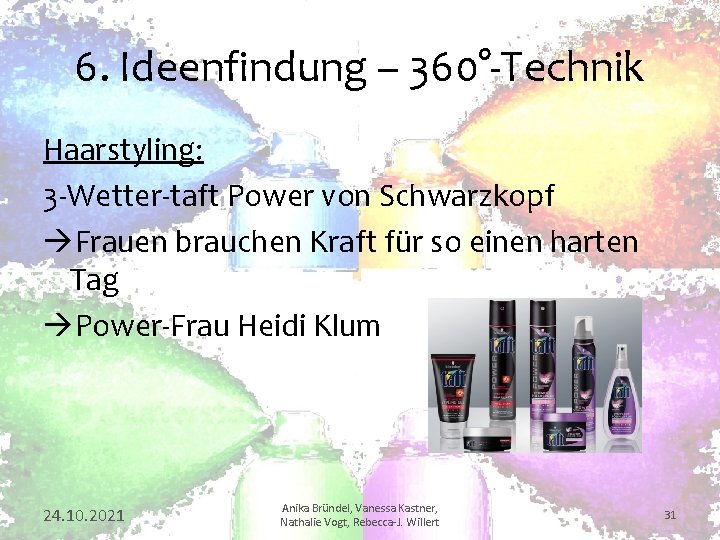 6. Ideenfindung – 360°-Technik Haarstyling: 3 -Wetter-taft Power von Schwarzkopf Frauen brauchen Kraft für