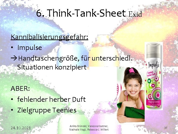 6. Think-Tank-Sheet Exid Kannibalisierungsgefahr: • Impulse Handtaschengröße, für unterschiedl. Situationen konzipiert ABER: • fehlender