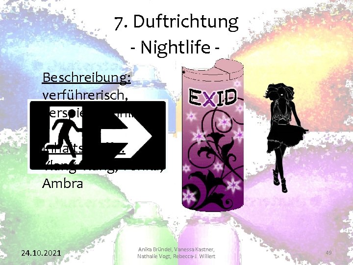 7. Duftrichtung - Nightlife Beschreibung: verführerisch, verspielt, sinnlich Inhaltsstoffe: Ylang-Ylang, Tonka, Ambra 24. 10.