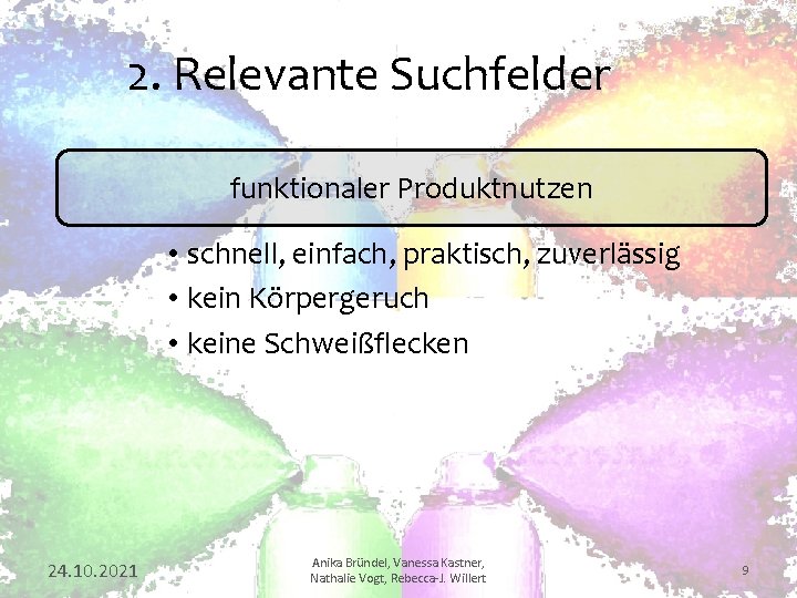 2. Relevante Suchfelder funktionaler Produktnutzen • schnell, einfach, praktisch, zuverlässig • kein Körpergeruch •