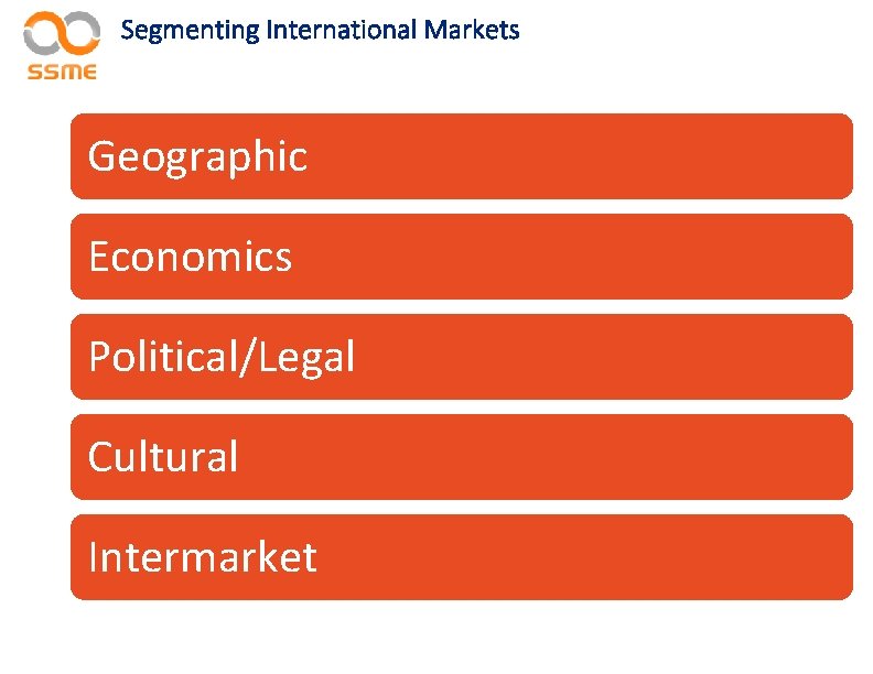 Segmenting International Markets Geographic Economics Political/Legal Cultural Intermarket 