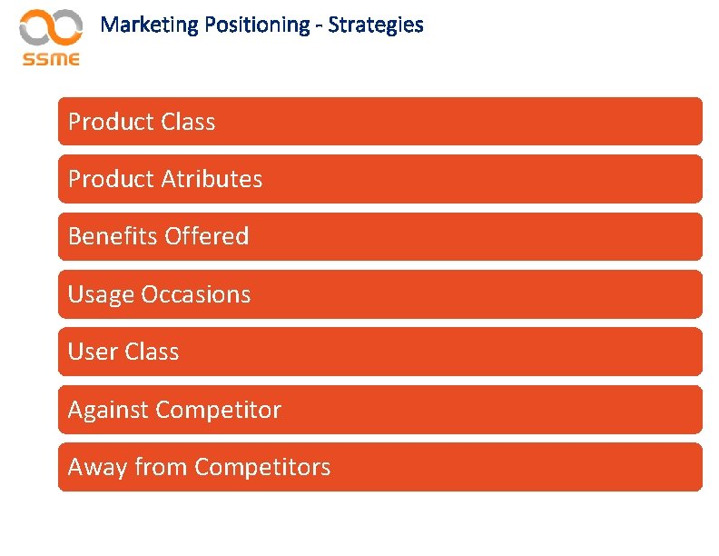 Marketing Positioning - Strategies Product Class Product Atributes Benefits Offered Usage Occasions User Class