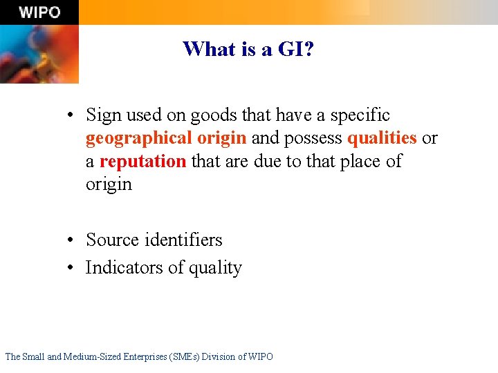 What is a GI? • Sign used on goods that have a specific geographical