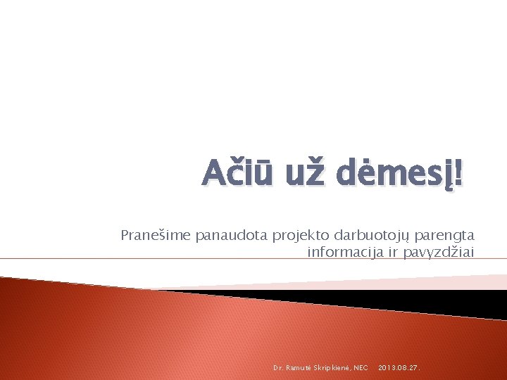 Ačiū už dėmesį! Pranešime panaudota projekto darbuotojų parengta informacija ir pavyzdžiai Dr. Ramutė Skripkienė,