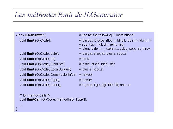 Les méthodes Emit de ILGenerator class ILGenerator { // use for the following IL