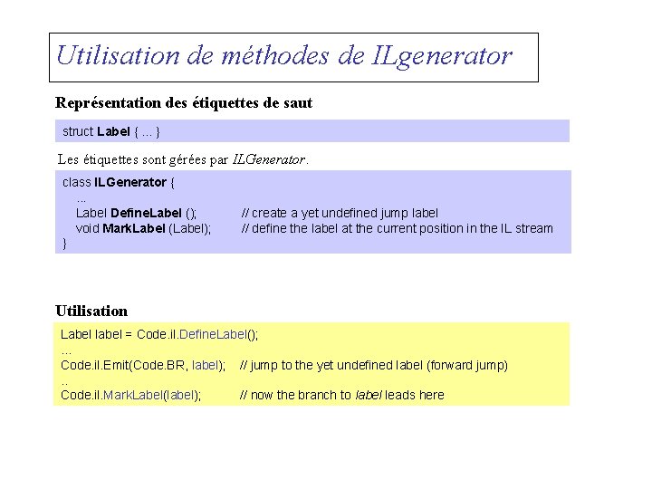 Utilisation de méthodes de ILgenerator Représentation des étiquettes de saut struct Label {. .