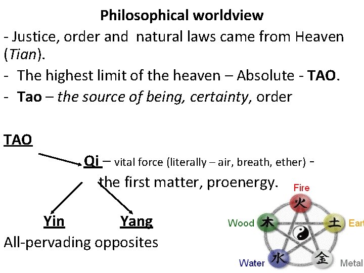 Philosophical worldview - Justice, order and natural laws came from Heaven (Tian). - The