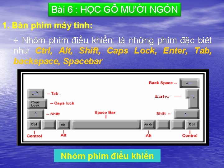 Bài 6 : HỌC GÕ MƯỜI NGÓN 1. Bàn phím máy tính: + Nhóm