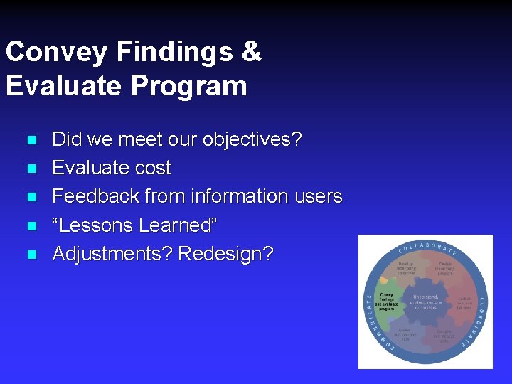 Convey Findings & Evaluate Program n n n Did we meet our objectives? Evaluate