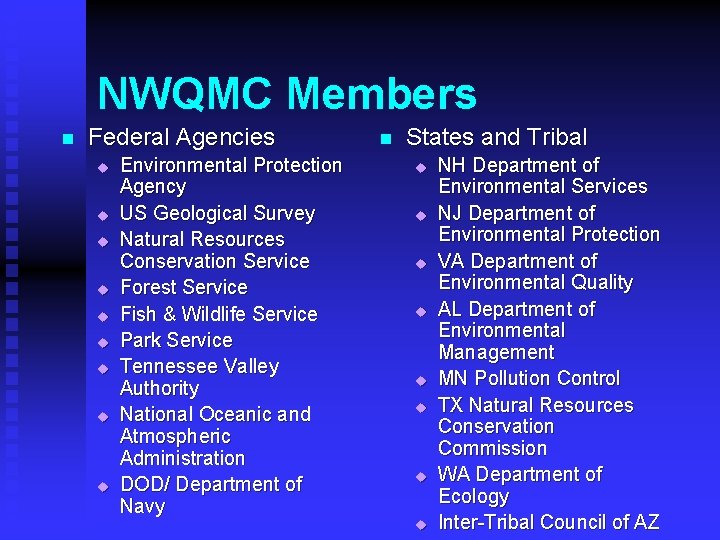 NWQMC Members n Federal Agencies u u u u u Environmental Protection Agency US