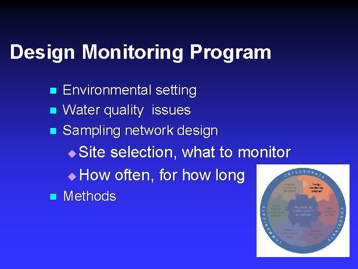Design Monitoring Program n n n Environmental setting Water quality issues Sampling network design