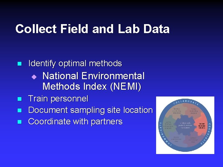 Collect Field and Lab Data n Identify optimal methods u n n n National