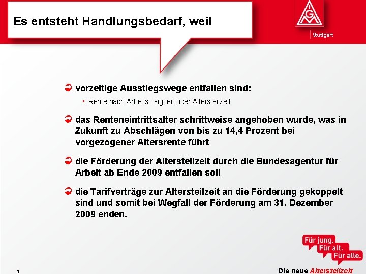 Es entsteht Handlungsbedarf, weil Stuttgart vorzeitige Ausstiegswege entfallen sind: • Rente nach Arbeitslosigkeit oder