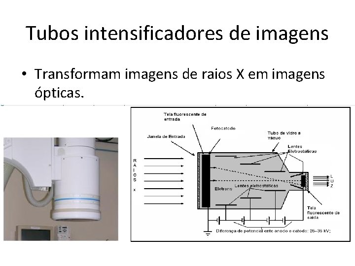 Tubos intensificadores de imagens • Transformam imagens de raios X em imagens ópticas. 