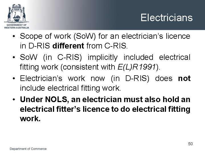 Electricians • Scope of work (So. W) for an electrician’s licence in D-RIS different
