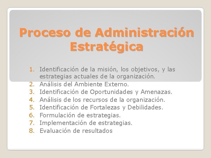 Proceso de Administración Estratégica 1. Identificación de la misión, los objetivos, y las estrategias
