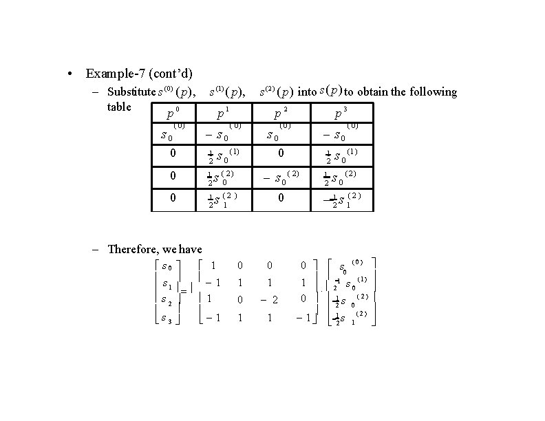  • Example-7 (cont’d) – Substitute s (0) ( p), table p 0 (0)