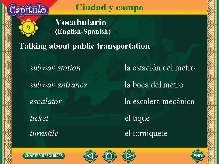Ciudad y campo 9 Vocabulario (English-Spanish) Talking about public transportation subway station la estación