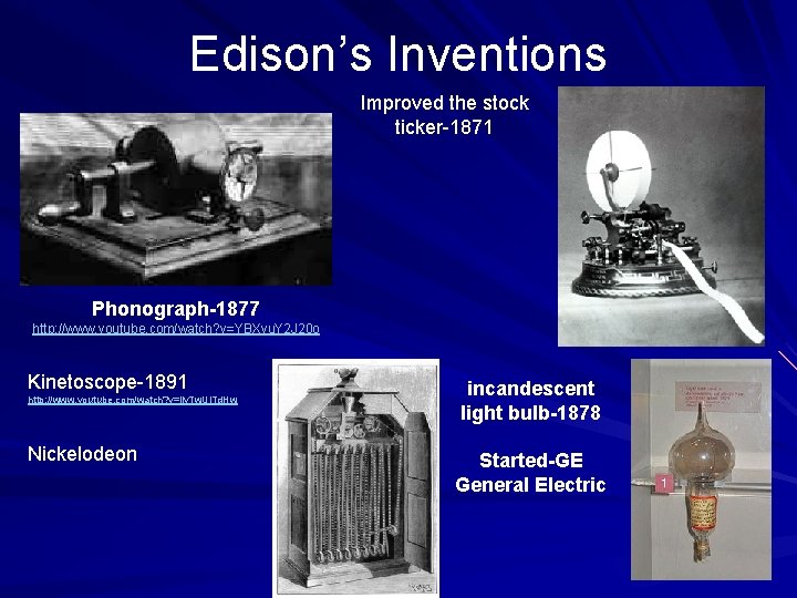 Edison’s Inventions Improved the stock ticker-1871 Phonograph-1877 http: //www. youtube. com/watch? v=YBXyu. Y 2