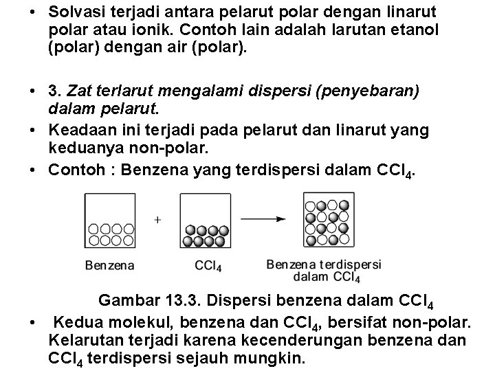  • Solvasi terjadi antara pelarut polar dengan linarut polar atau ionik. Contoh lain