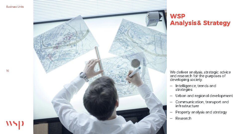Business Units WSP Analysis & Strategy 16 We deliver analysis, strategic advice and research