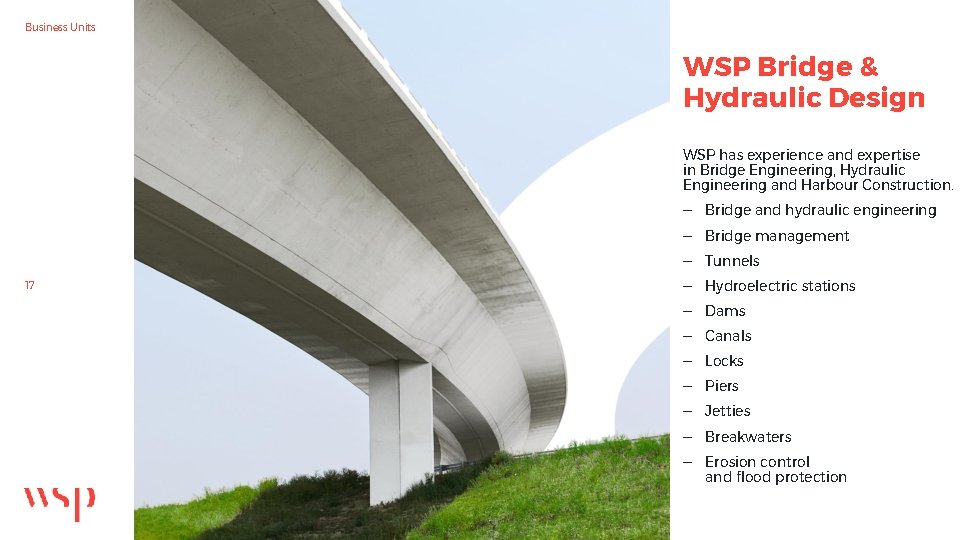 Business Units WSP Bridge & Hydraulic Design WSP has experience and expertise in Bridge