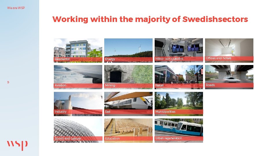 We are WSP Working within the majority of Swedishsectors 9 Residental Energy Hälso- och