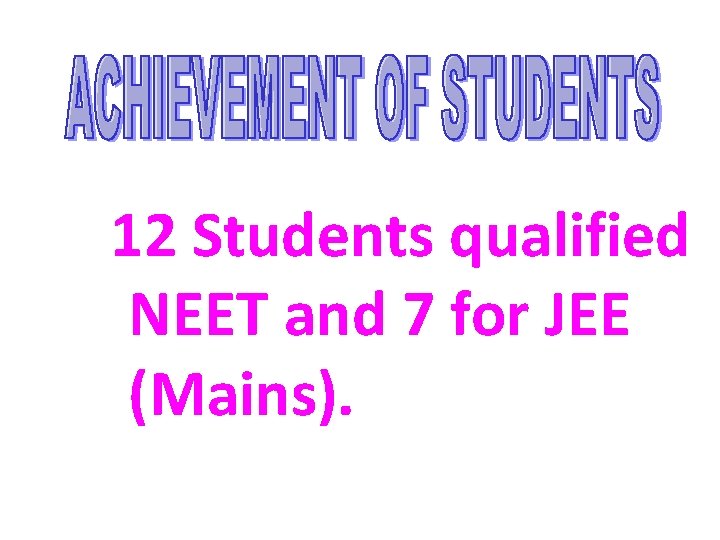 12 Students qualified NEET and 7 for JEE (Mains). 