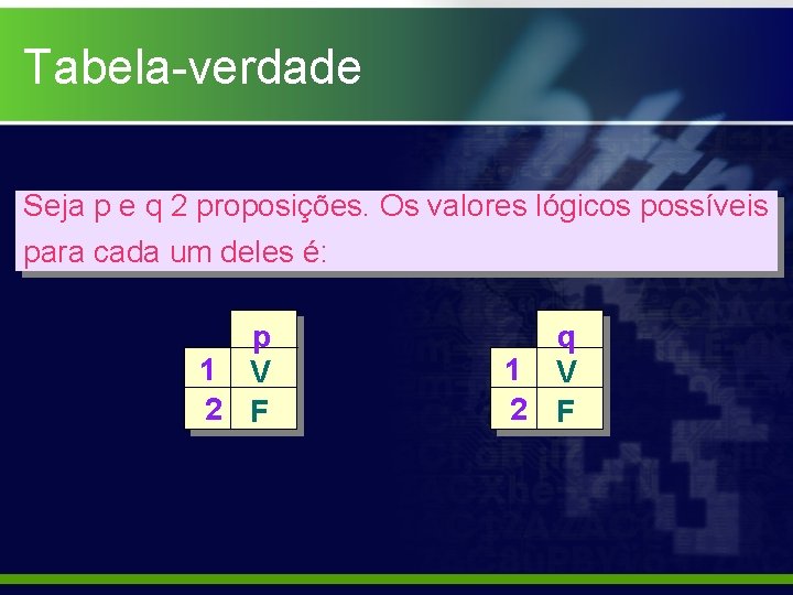 Tabela-verdade Seja p e q 2 proposições. Os valores lógicos possíveis para cada um