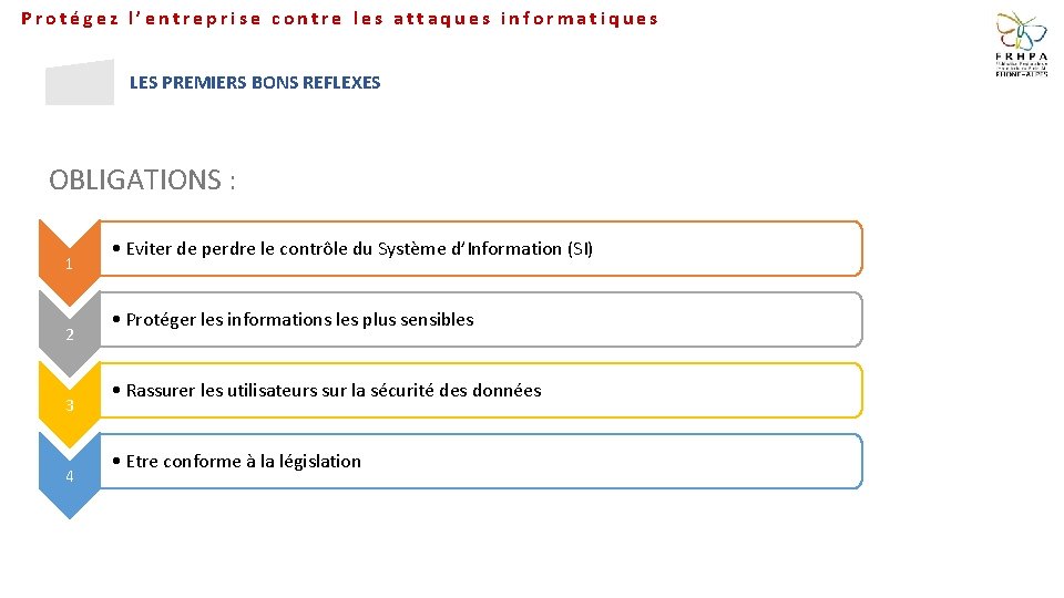 Protégez l’entreprise contre les attaques informatiques LES PREMIERS BONS REFLEXES OBLIGATIONS : 1 2