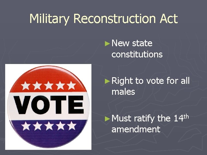 Military Reconstruction Act ► New state constitutions ► Right to vote for all males