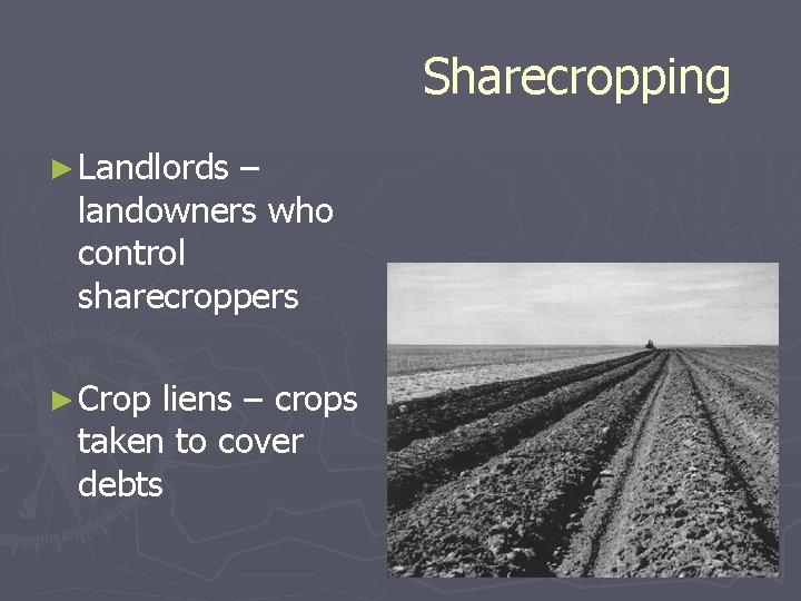 Sharecropping ► Landlords – landowners who control sharecroppers ► Crop liens – crops taken