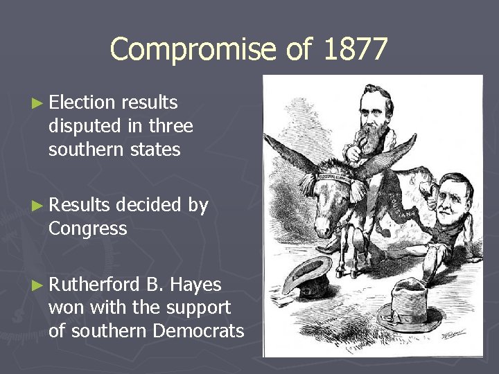 Compromise of 1877 ► Election results disputed in three southern states ► Results decided