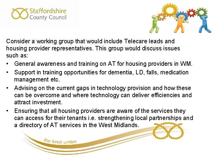 Consider a working group that would include Telecare leads and housing provider representatives. This