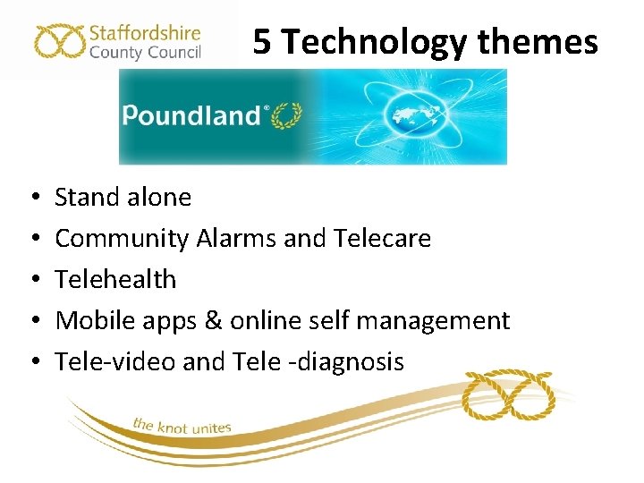5 Technology themes • • • Stand alone Community Alarms and Telecare Telehealth Mobile