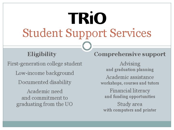 Student Support Services Eligibility First-generation college student Low-income background Comprehensive support Advising and graduation