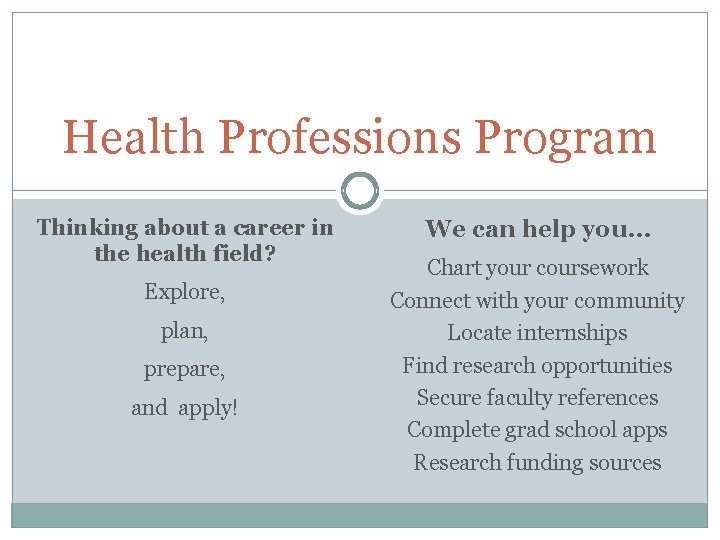 Health Professions Program Thinking about a career in the health field? Explore, plan, prepare,