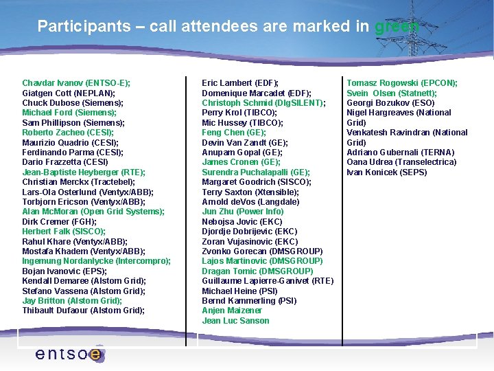 Participants – call attendees are marked in green Chavdar Ivanov (ENTSO-E); Giatgen Cott (NEPLAN);