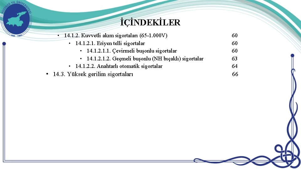 İÇİNDEKİLER • 14. 1. 2. Kuvvetli akım sigortaları (65 -1. 000 V) • 14.