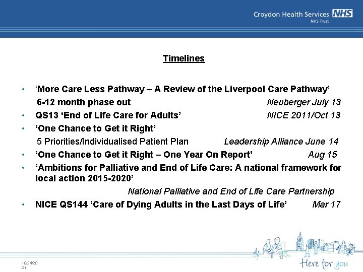 Timelines • • • ‘More Care Less Pathway – A Review of the Liverpool Timelines • • • ‘More Care Less Pathway – A Review of the Liverpool