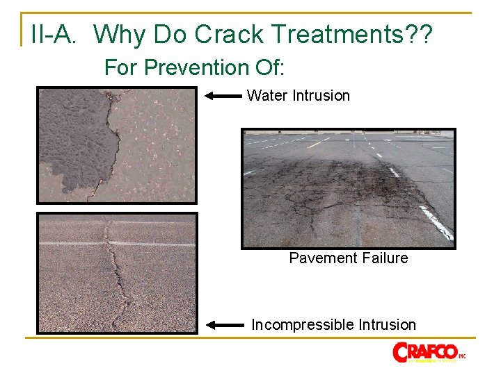 II-A. Why Do Crack Treatments? ? For Prevention Of: Water Intrusion Pavement Failure Incompressible