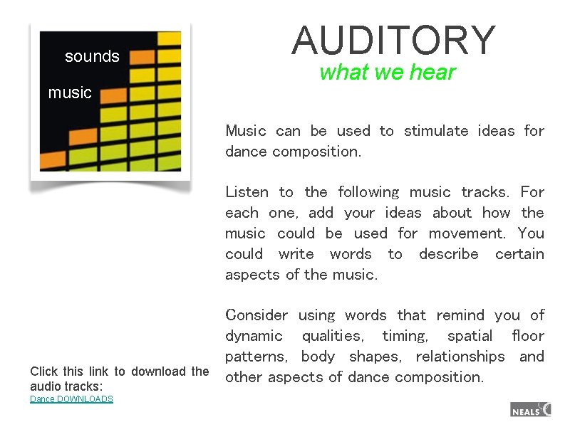 sounds music AUDITORY what we hear Music can be used to stimulate ideas for sounds music AUDITORY what we hear Music can be used to stimulate ideas for
