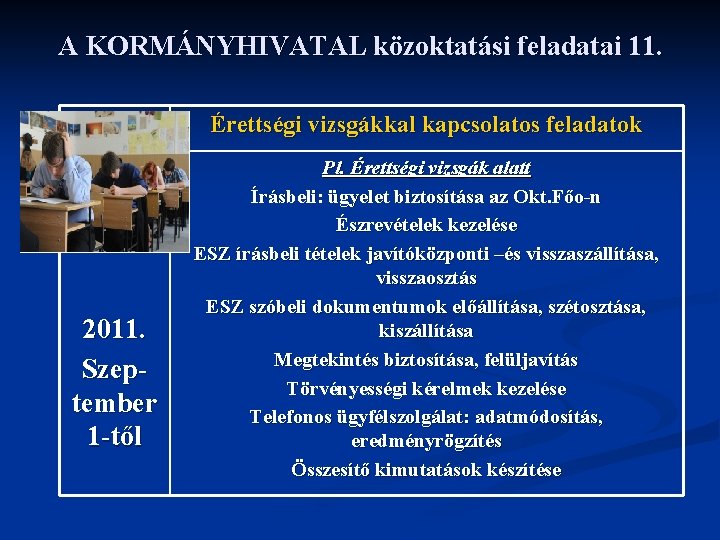 A KORMÁNYHIVATAL közoktatási feladatai 11. Érettségi vizsgákkal kapcsolatos feladatok 2011. Szeptember 1 -től Pl.