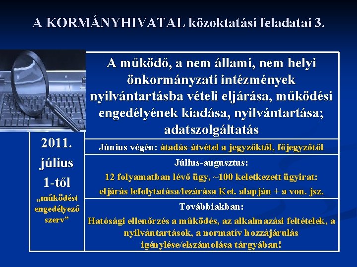 A KORMÁNYHIVATAL közoktatási feladatai 3. 2011. július 1 -től A működő, a nem állami,