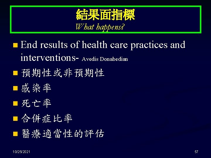 結果面指標 What happens? End results of health care practices and interventions- Avedis Donabedian n