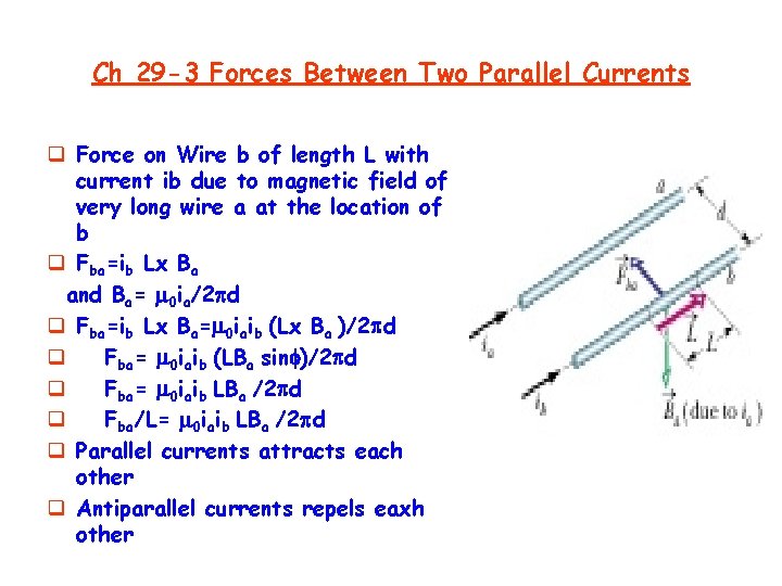 Ch 29 -3 Forces Between Two Parallel Currents q Force on Wire b of