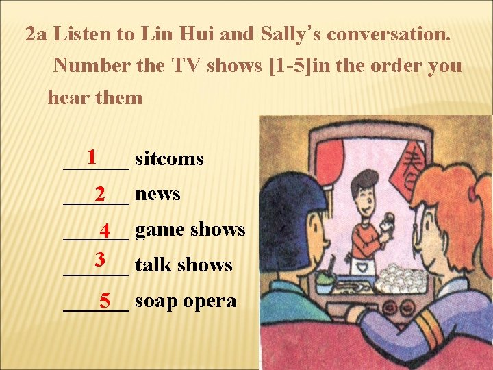 2 a Listen to Lin Hui and Sally’s conversation. Number the TV shows [1
