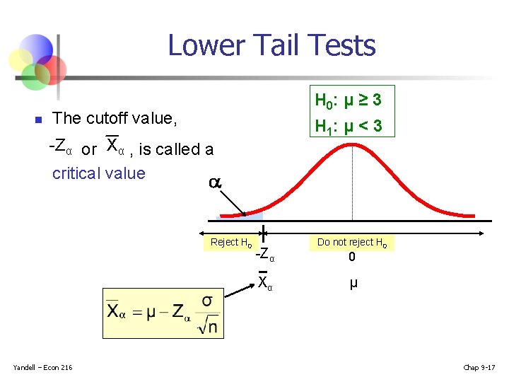 Lower Tail Tests n H 0: μ ≥ 3 The cutoff value, H 1: